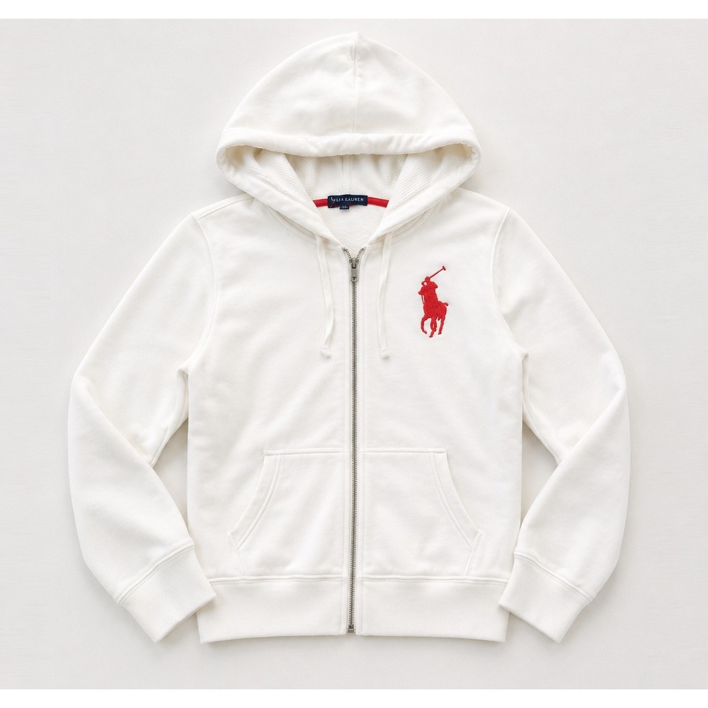 Ralph Lauren Womens XL White Full Zip Big Pony‎ Hoodie pink Logo Sweatshirt